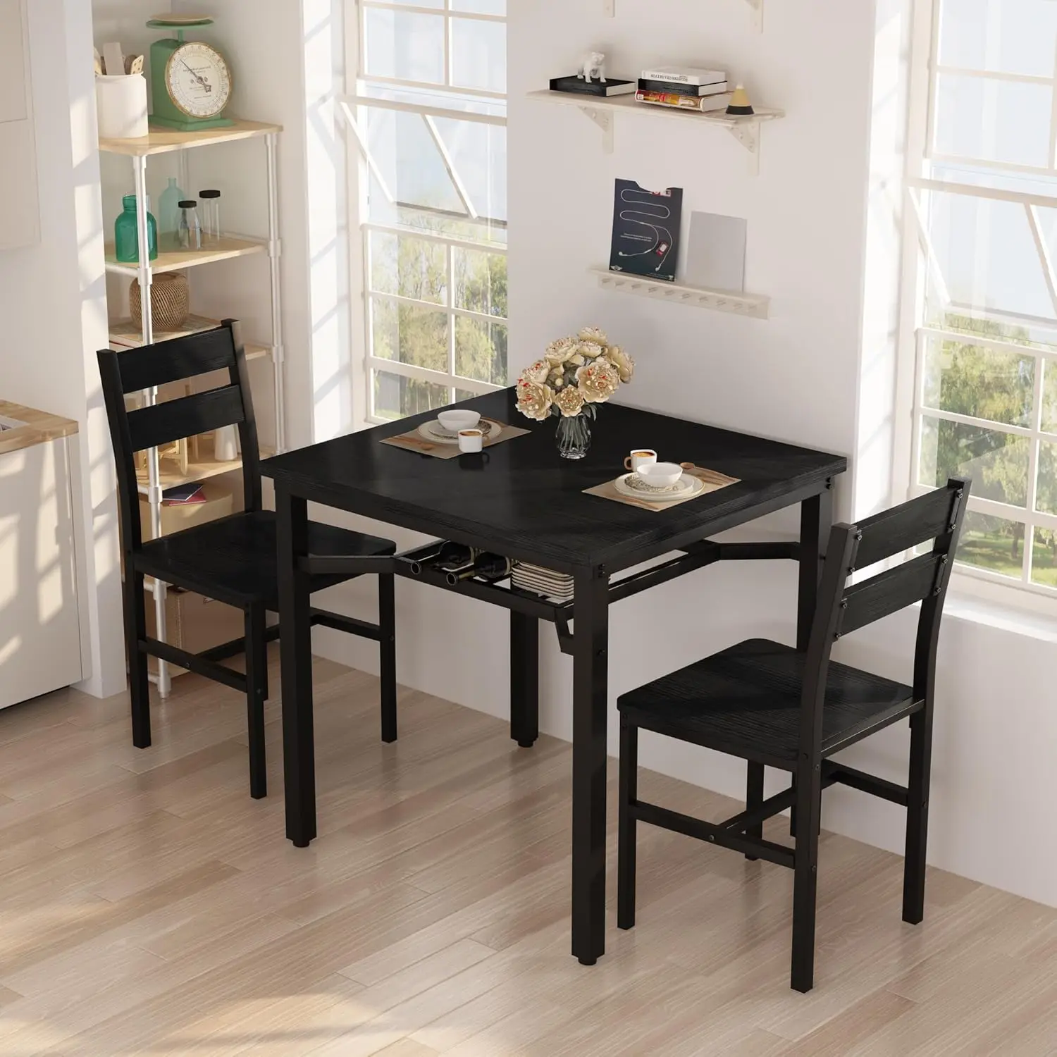 Recaceik 3-Piece Rustic Wood Dining Table Set with Storage Shelf, 30''x30''x30.7'' Square Dinette Set for 2, Natural Grain Farmhouse Furniture for Small Space Apartment Breakfast Nook Kitchen