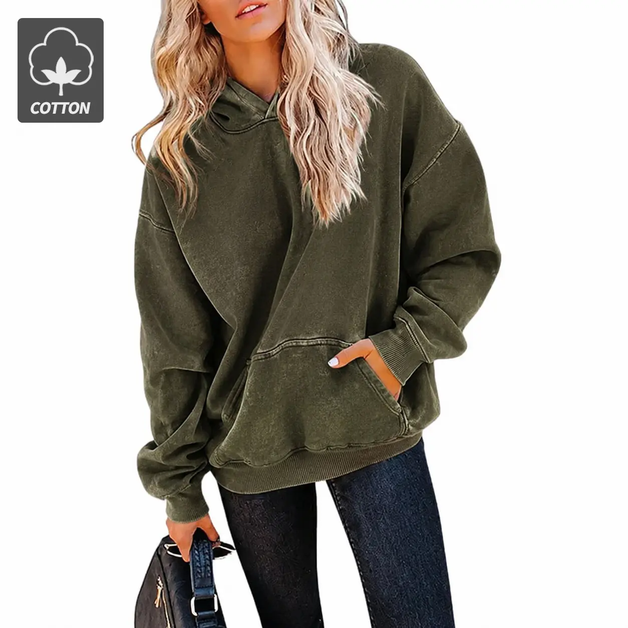 Street-style heat-pressed snowflake-pattern cotton hooded sweatshirt, relaxed oversized fit with kangaroo pocket, solid color, washed finish