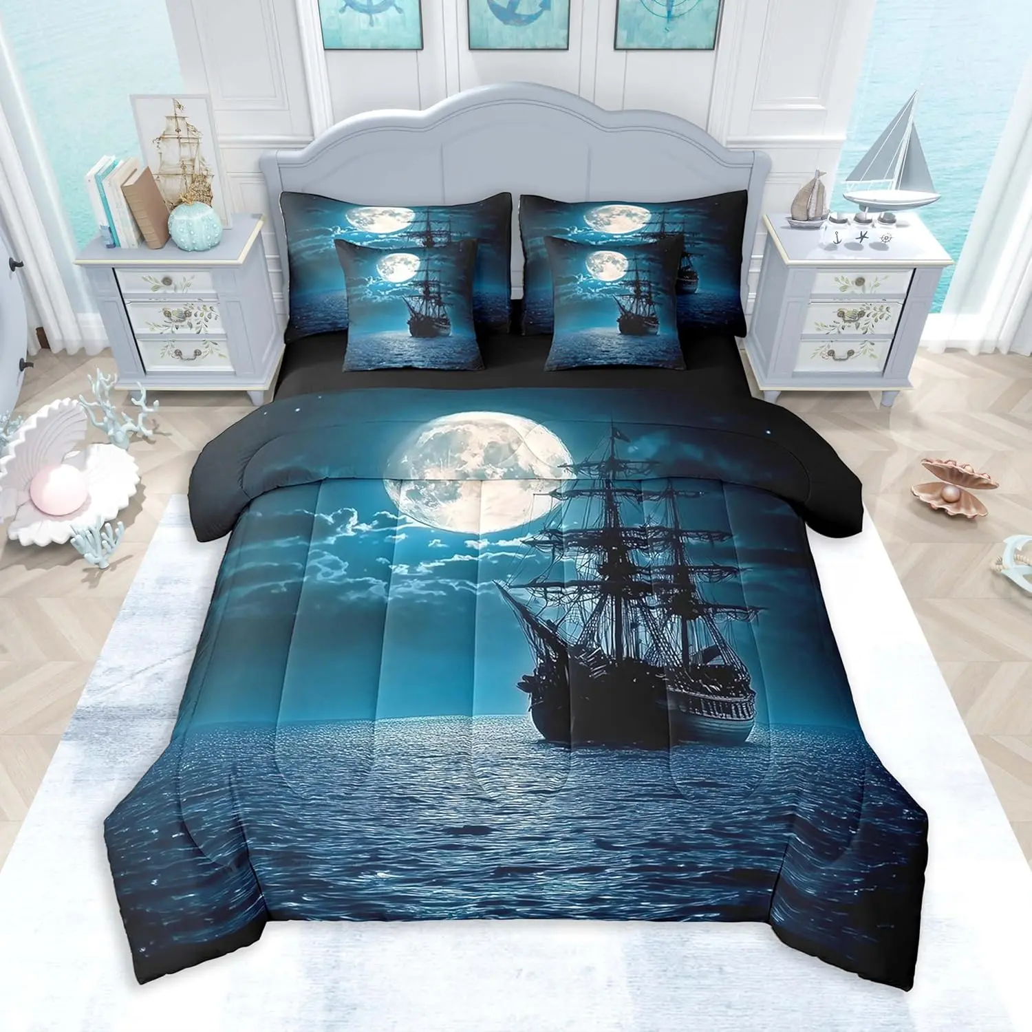 Sailing Ship Comforter Set 7 Pieces Moonlight Ocean Sea Bedding Set Coastal Bed in a Bag with Comforter,Sheets,Pillowcases & Cushion Covers