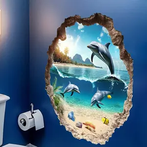 Dolphin Ocean Wall Sticker Decorative Sticker Wall Decal Adhesive Stickers Bathroom Living Room Wall Decor Adds Fresh Healing Home Atmosphere, Easy-To-Apply Design