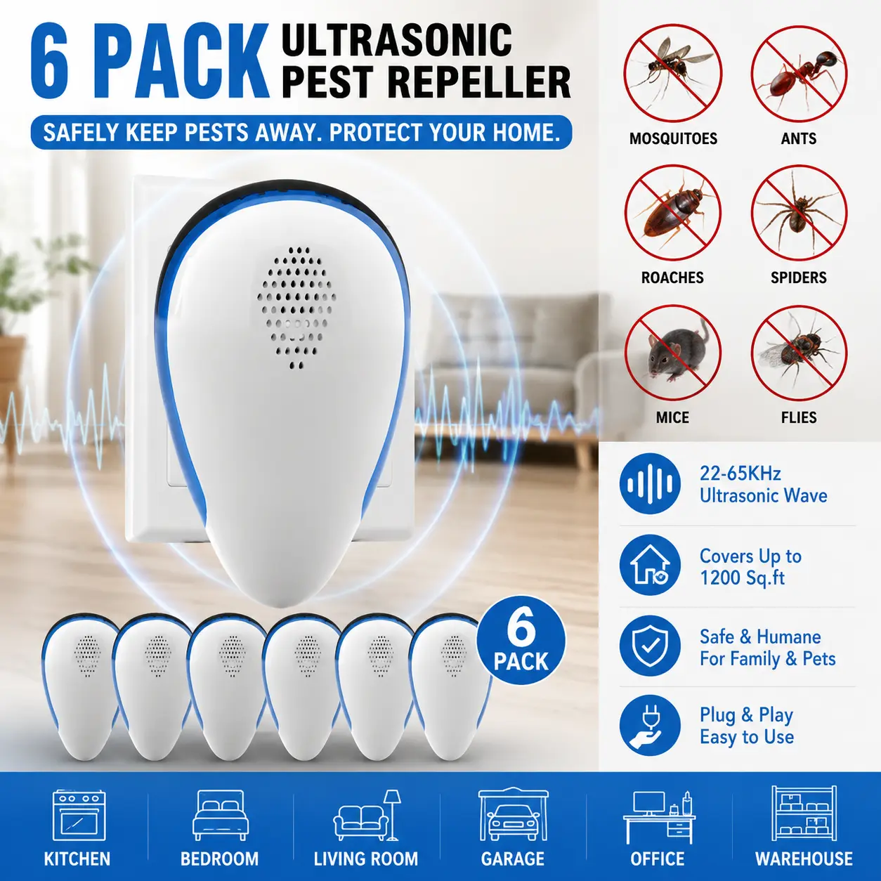 6 Pack Ultrasonic Pest Repeller Indoor Plug In Bug Repellent Mosquito Spider Ant Roaches Mice Control for Bedroom Garage Warehouse Office,summervibes