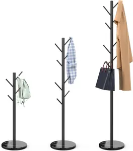 Heavy-Duty Coat Rack with Natural Marble Base - Freestanding Metal Coat Stand with 8 Hooks, Modern and Stable Coat Hanger Tree for Bags, Jackets, Clothes, and Hats, Black Metal