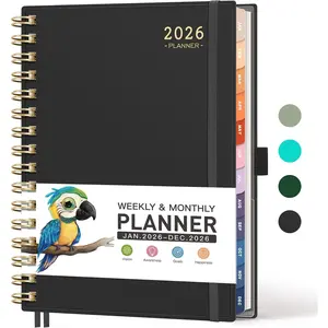 2026 Planner, Weekly and Monthly, Medium Size (5.7" x 8.3"), Jan - Dec 2026, Agenda, Calendar, 12 Month Tabs, Flexible Plastic Cover, 100 GSM Thick Paper, Spiral-bound (Black)
