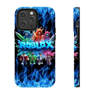 Roblox Blue Flame Graffiti Style Phone Case, a must-have for trendy gamers, compatible with iPhone 17-11 Pro Max/Plus and Samsung Galaxy S23-25.