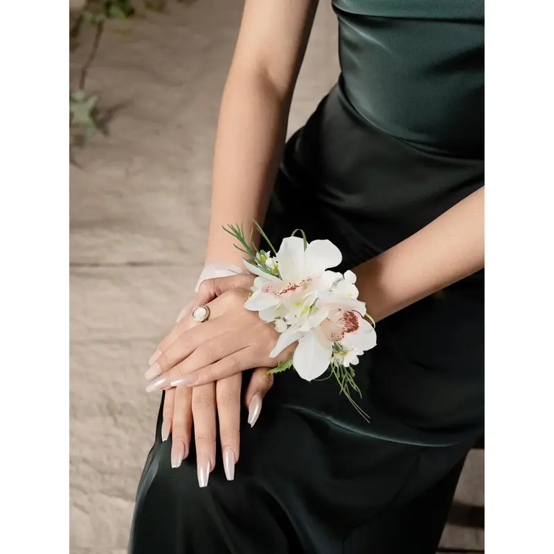 Rinlong Silk Orchid Bloom Bridal Wrist Corsage - Floral Foam Flowers, Faux Pearls, Stretchable Corsage Form Bracelets, Elegant Decoration for Wedding Party, Fits Most Wrist Sizes