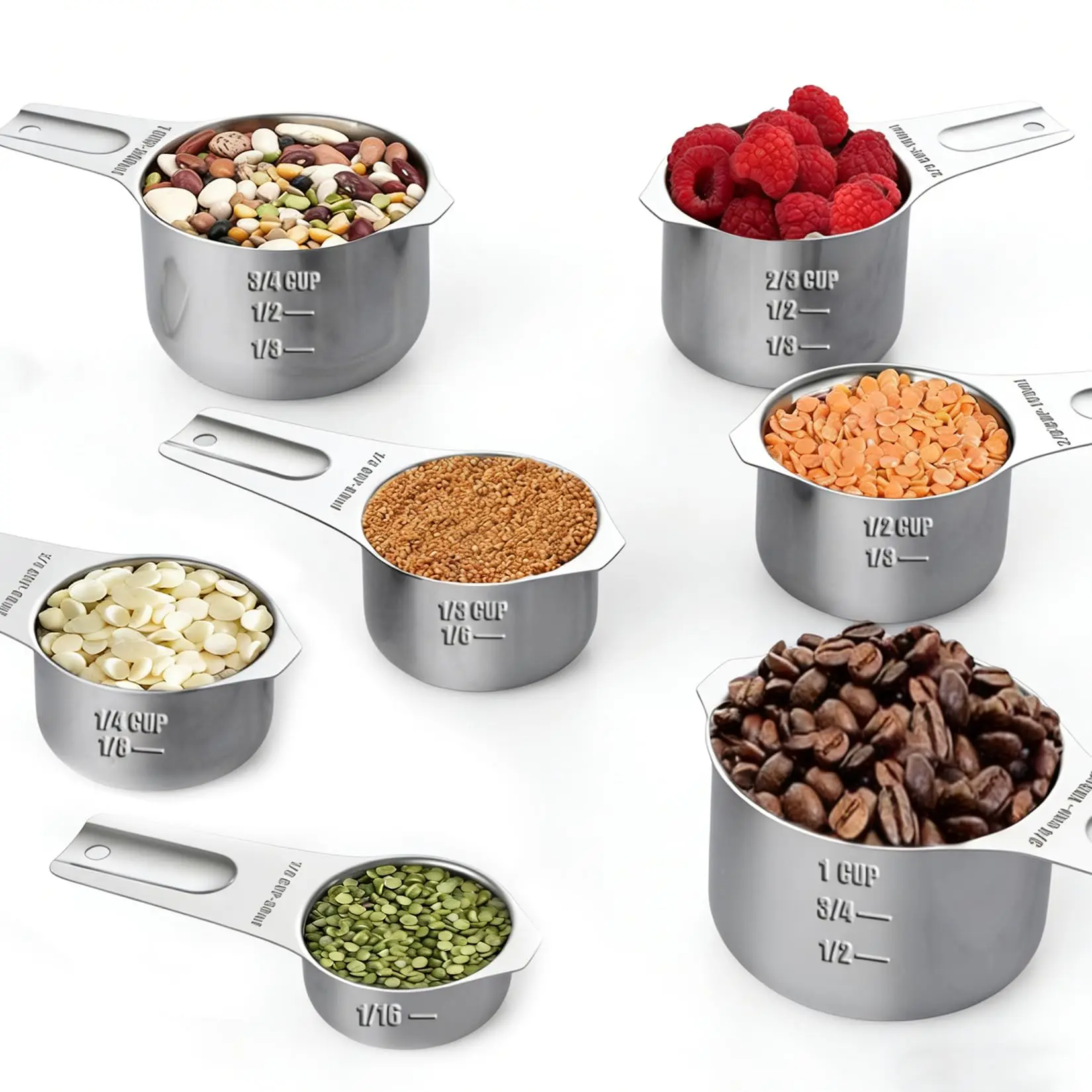 GAOMON 7-Piece Silver 304 Stainless Steel Measuring Cup Set, Dishwasher Safe, Rust-Proof, Flat Design with Clear Markings (US & Metric), for Cooking & Baking