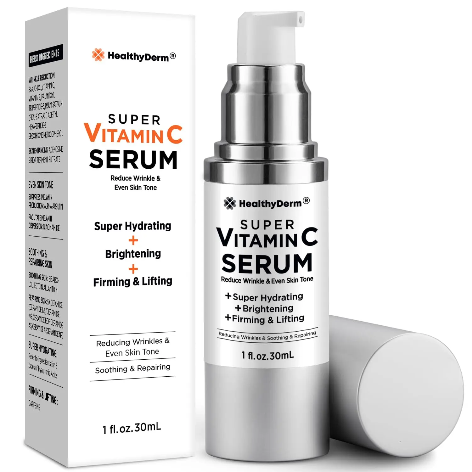 HealthyDerm Super Vitamin C Serum for Women - Niacinamide, Hyaluronic Acid, Peptides, Vitamin E, Caffeine, Bakuchiol - Hydrating, Brightening, Firming & Lifting - 1 fl oz / 30 mL