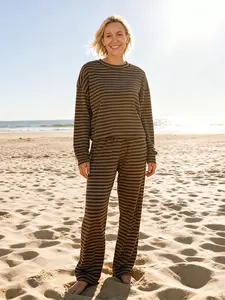 Women's Fashion Striped Long Sleeve Top + Loose Drawstring Pants Set, Loungewear, Comfortable Casual Spring & Fall, Daily Home Wear