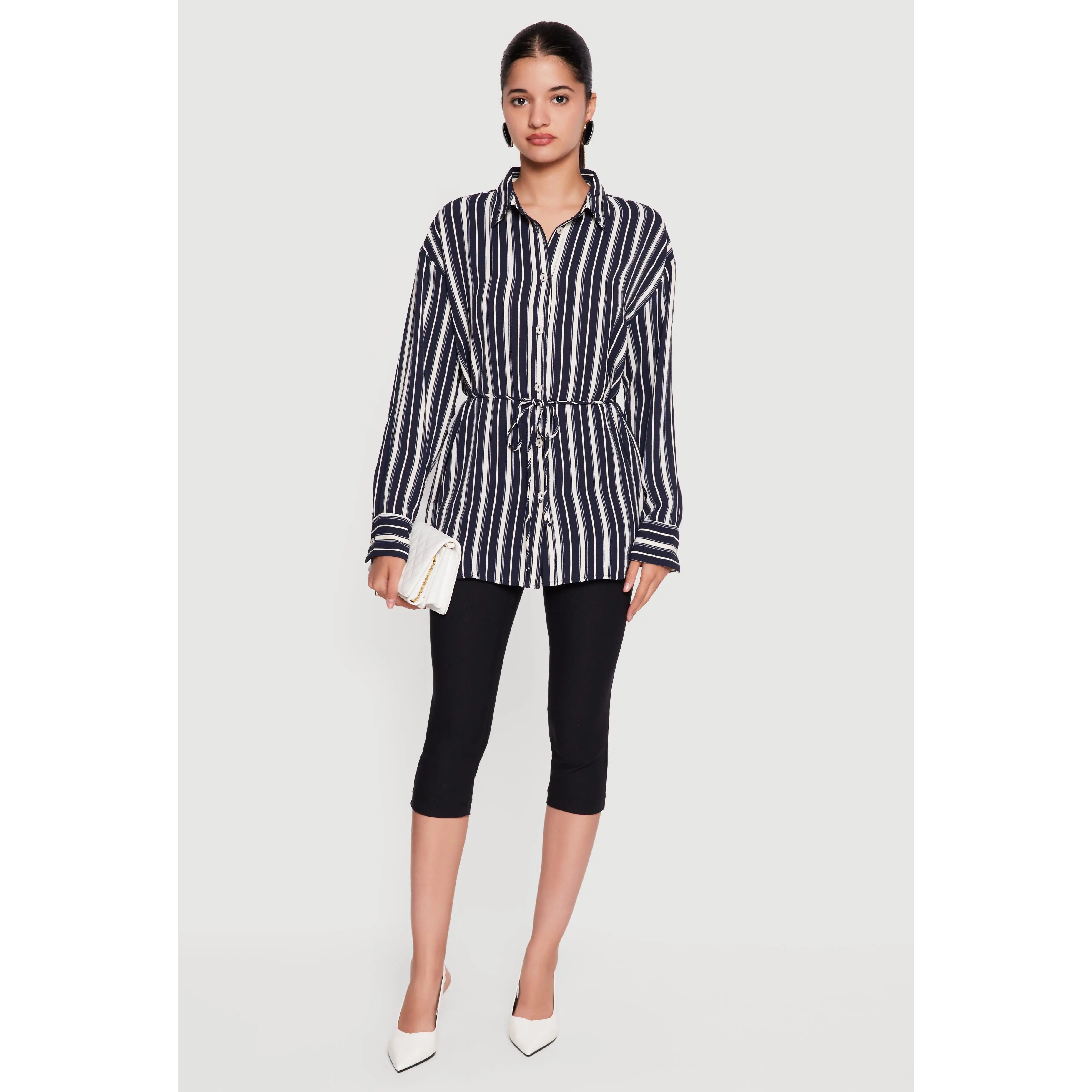 Striped Crepe Knit Tie Waist Belted Button Front Shirt