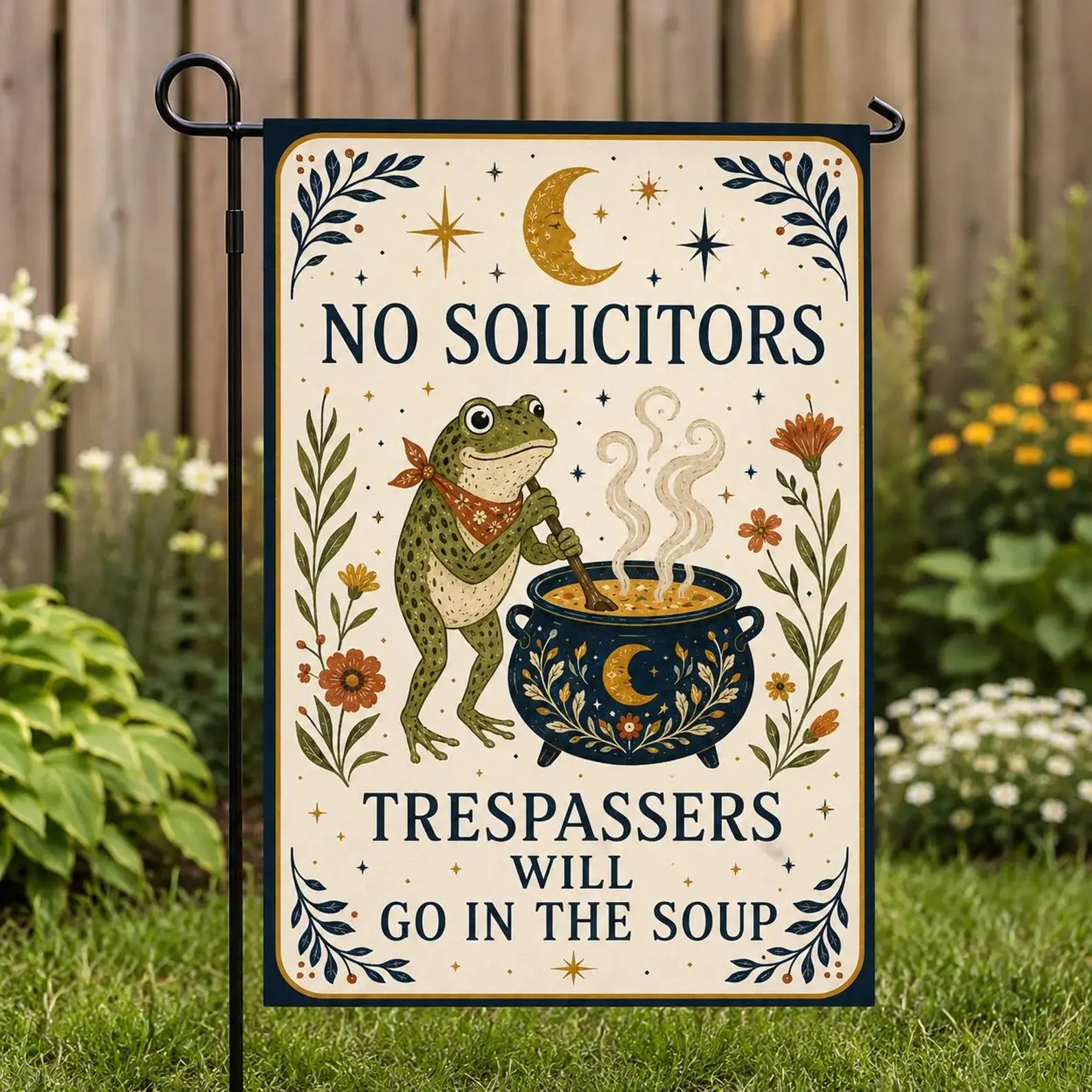 No Solicitors Trespassers Will Go In The Soup Garden Flag, Funny Frog Witchy Banner, Cottagecore Yard Decor, Outdoor Welcome Sign