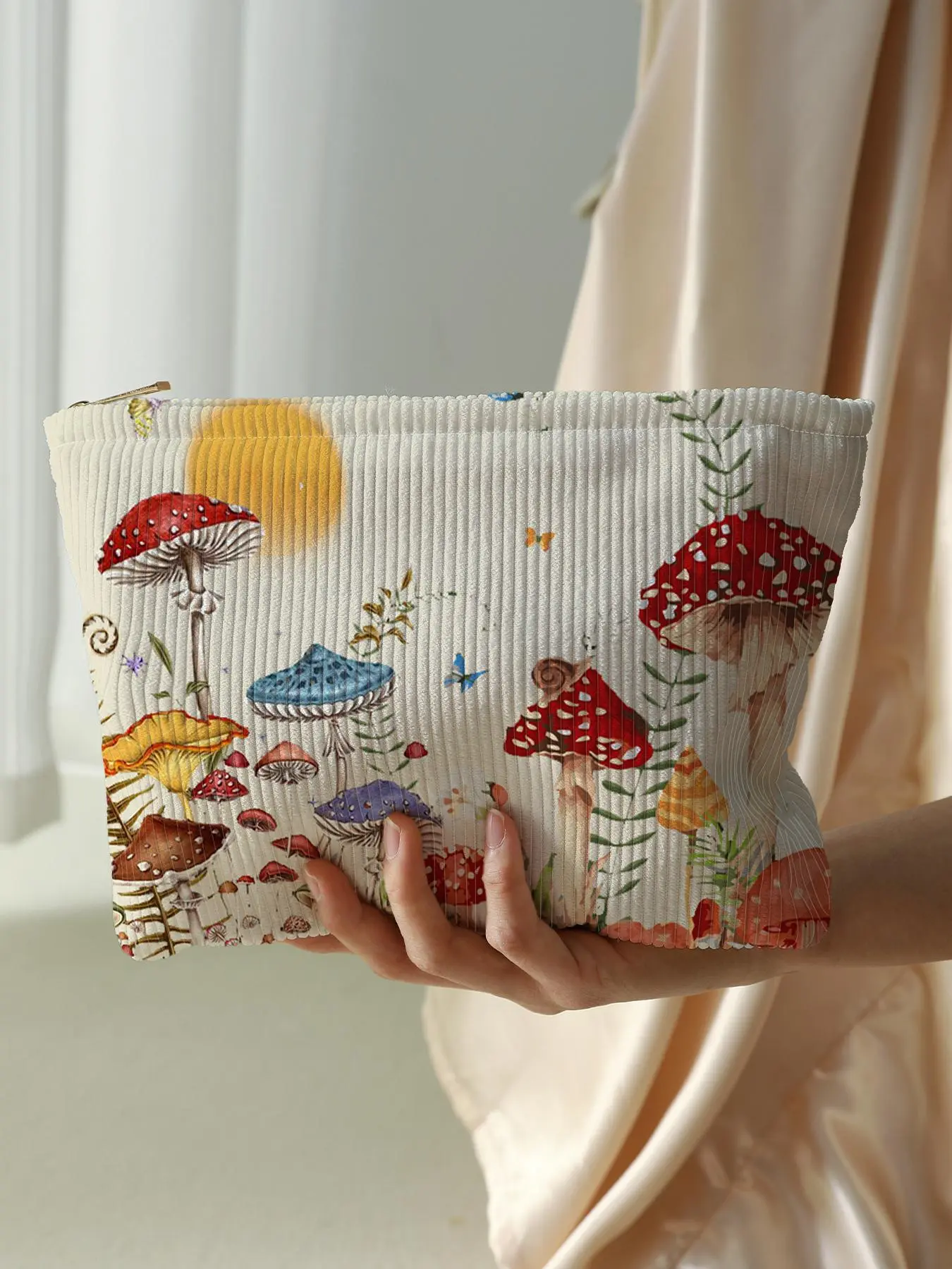 Cute Mushroom & Butterfly Pattern Makeup Bag, Multifunctional Large Capacity Storage Bag, Zipper Corduroy Makeup Bag for Travel & Daily Use, Handheld Cosmetic Pouch, Cosmetic Bags, Cosmetics Bag