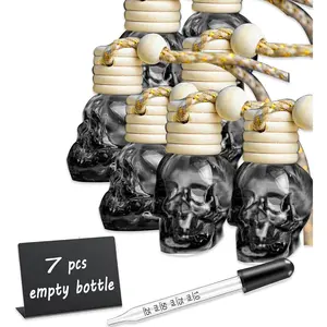 7 Pcs 8ml Hanging Car Air Freshener Diffuser,Empty Black Gradient Glass Essential Diffuser Oil Aromatherapy Fragrance Perfume Pendant Glass Vials with Wooden Caps (Skull, 8ml)