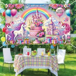 1pc 2D flat Unicorn Castle Birthday Themed Backdrop Banner, Rainbow Flower Cake Decor Cloth, Dreamy Style Birthday Party, Celebration, Photo Atmosphere Decoration Background Cloth