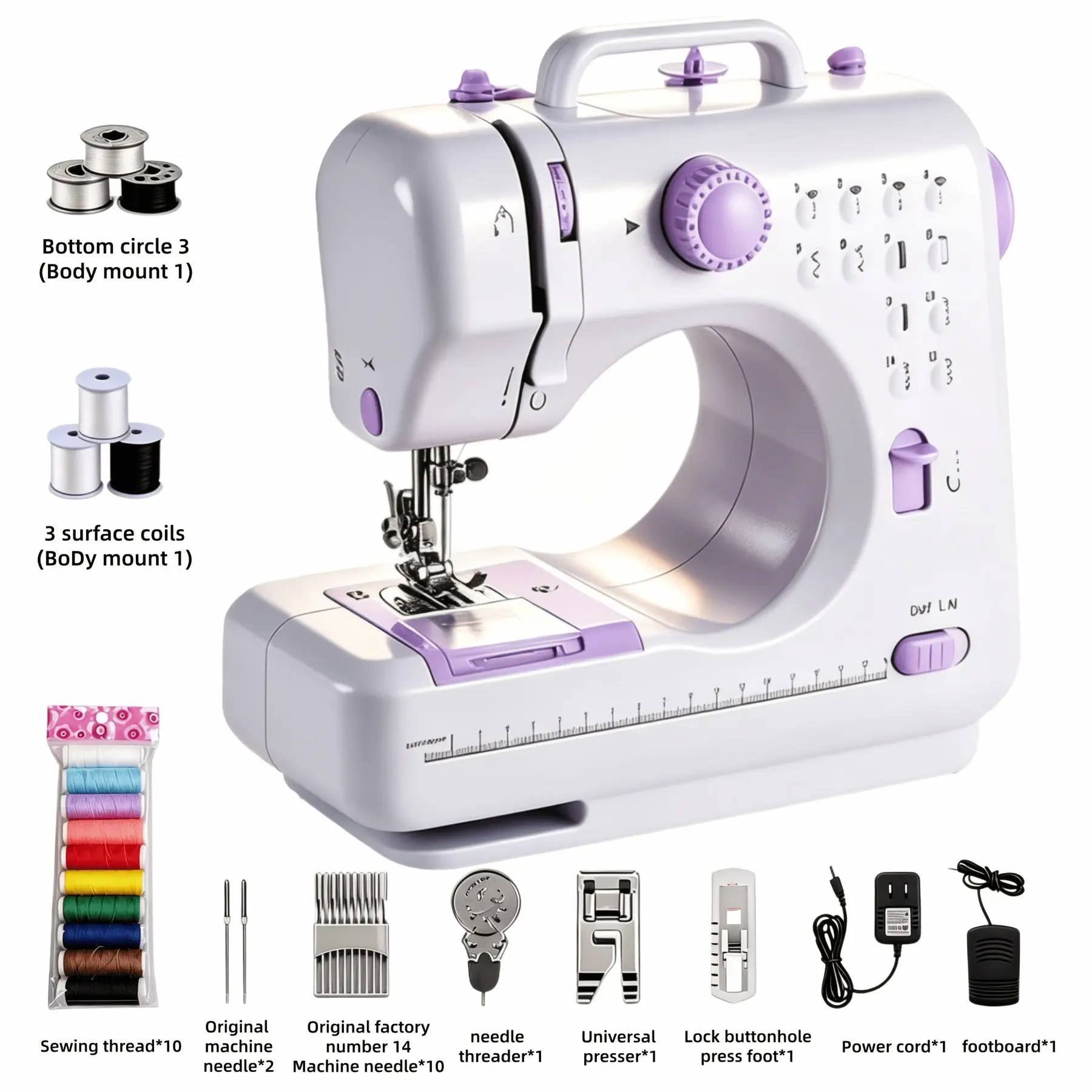 For Home Sewing Machine Electric, Built-In 12 Needles, Overlock Function, Button Sewing And Thread Winding, 100V-130V with US Plug, Light Purple, Sewing Additions, Suitable for Home, School, Daily Sewing, Mother'S Day Gift