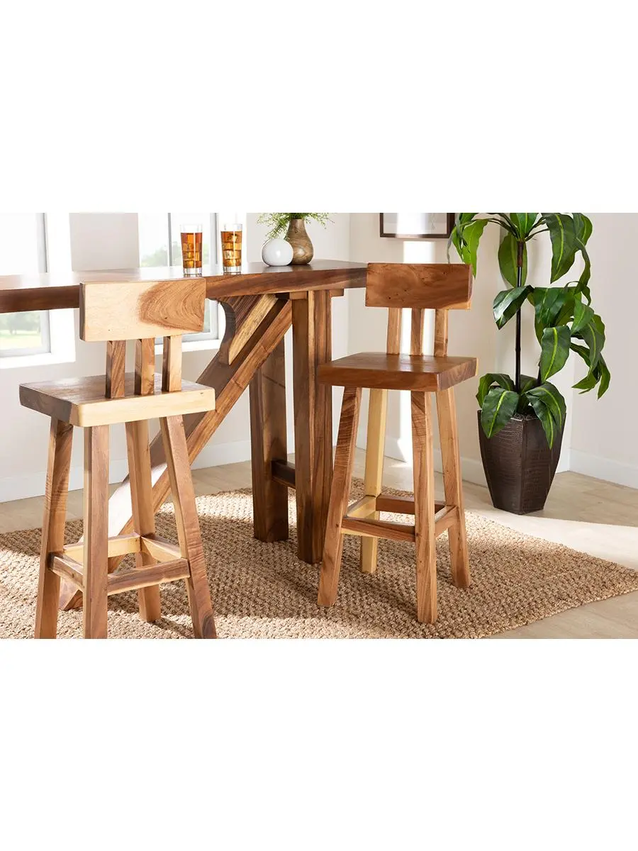 Bali & Pari Luli Suar Handcrafted Solid Wood Bar Stool with Backrest, Natural Brown Artisan Asian Style Assembled Pieces Barstools, 43x15.70x15.60 in, Artisan Barstools