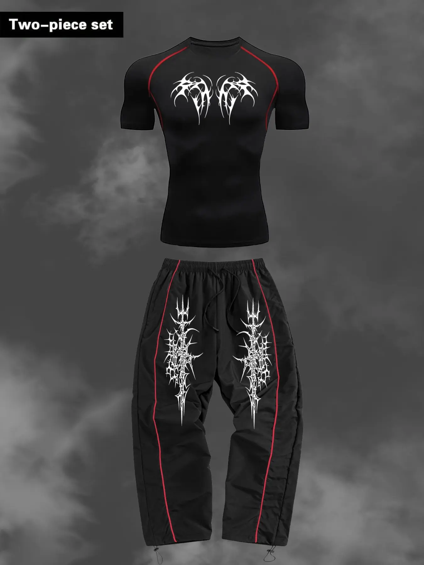 Gothic Print Men's Fitness Running Sports Set, Exercise Clothing Set, Gym Apparel, Sportswear For Gym, Y2K Style, Summer Quick-Dry Short Sleeve Tight T-Shirt + Drawstring Elastic Waist Long Pants，Suitable For Gyms, Hiking, And Sports Activities