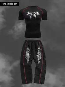 Gothic Print Men's Fitness Running Sports Set, Y2K Style, Summer Quick-Dry Short Sleeve Tight T-Shirt + Drawstring Elastic Waist Long Pants，Suitable For Gyms, Hiking, And Sports Activities