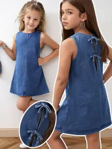 Teen Girl Summer Dress, Tie-Back Bow Design, Sleeveless Denim Dress, Casual Fitted Style, Suitable for Parties, Beach, Daily Wear