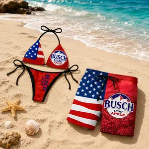 Matching Couple Swimwear Set, Busch Light Apple String Bikini and Beach Shorts, Tropical Summer Vacation Swimwear for Couples