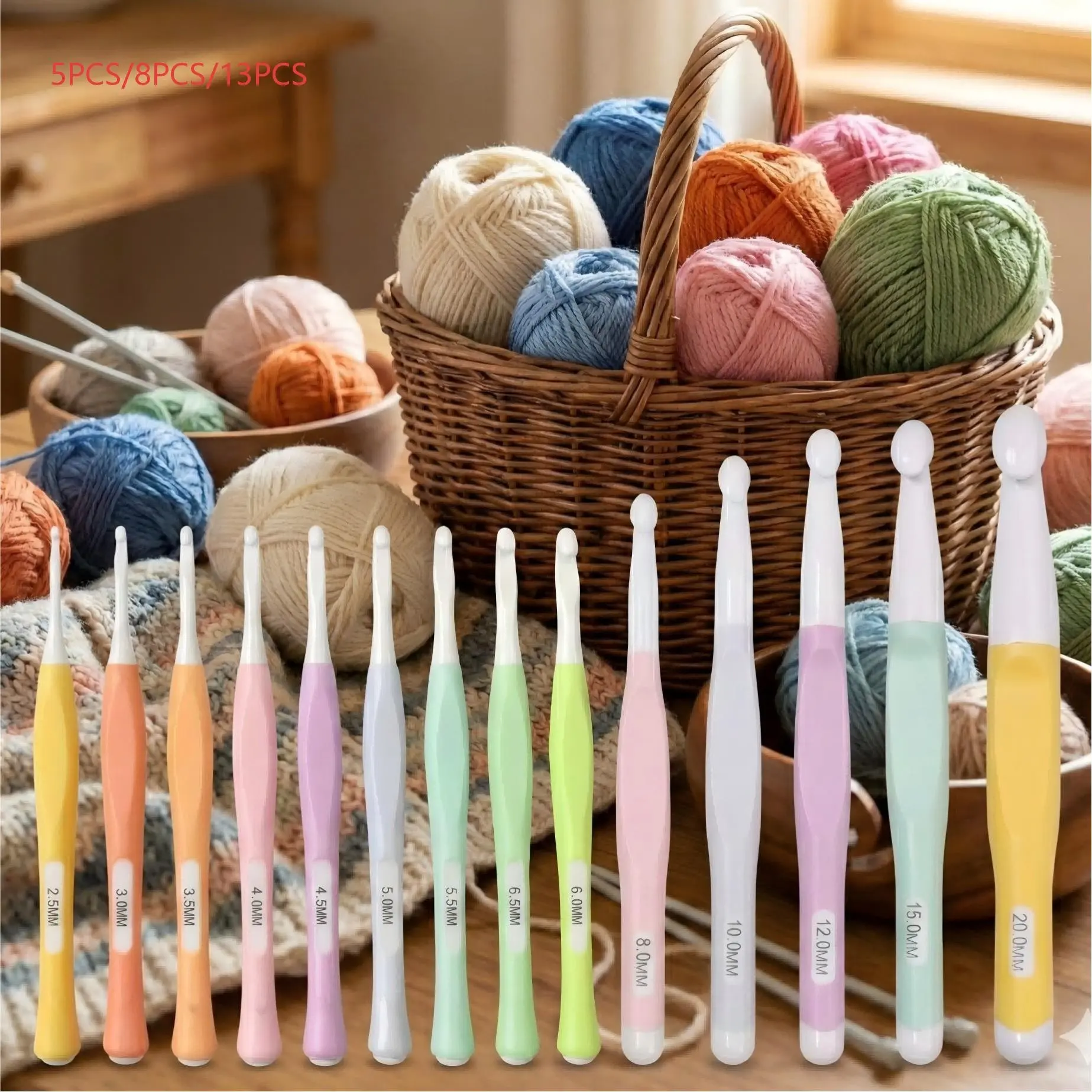 2026 13pc Ergonomic Crochet Hook Set From 2.5 to 20mm, Anti-Slip Rubber Handled Colorful Crochet Needles for DIY Knitting Knitting Supplies Crochet Tools