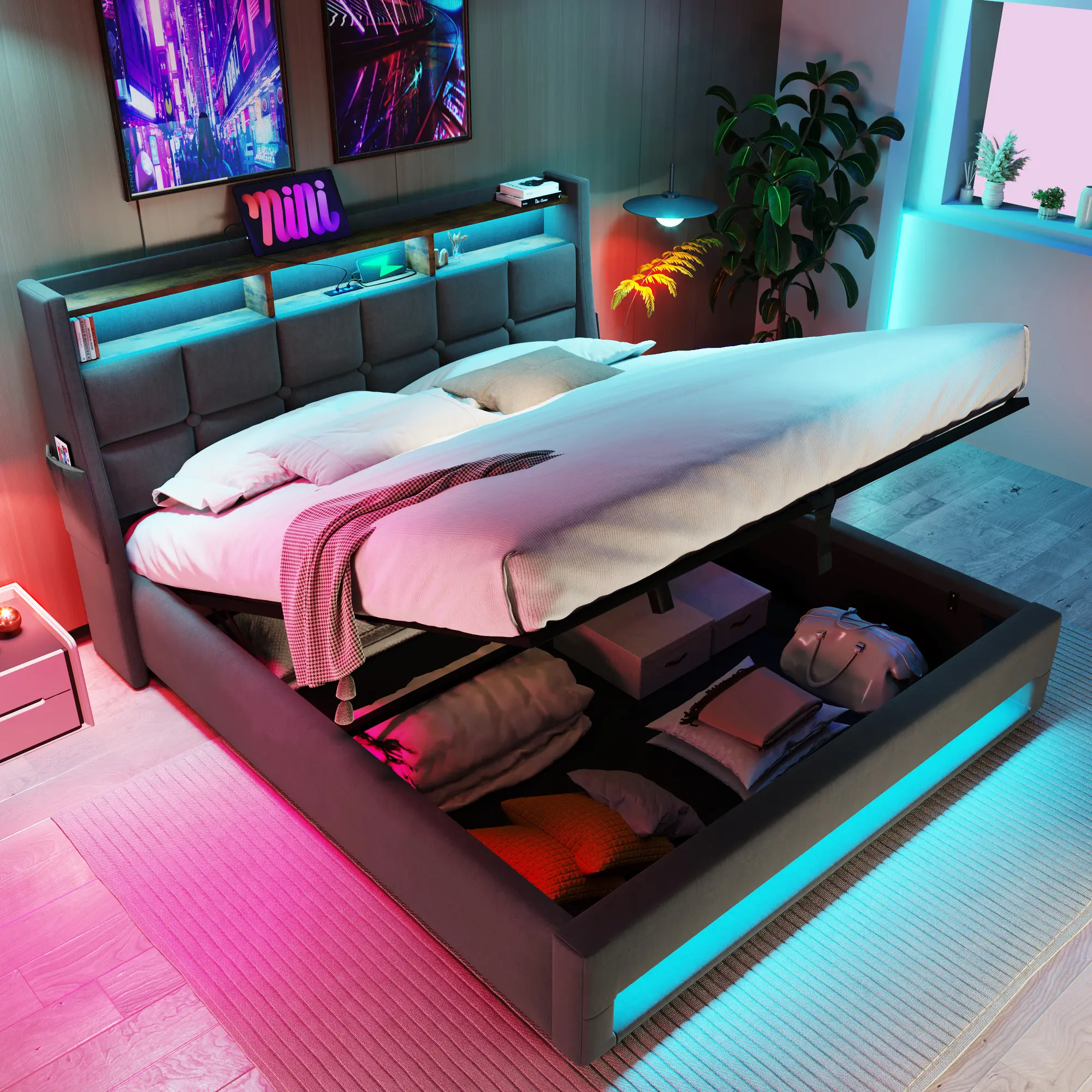 Queen Size Linen Upholstery Platform Bed Frame, Hydraulic Storage System, LED Lights, USB Charging Ports, No Box Spring Required