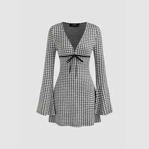 Cider V-neck Gingham Bowknot Mini Dress