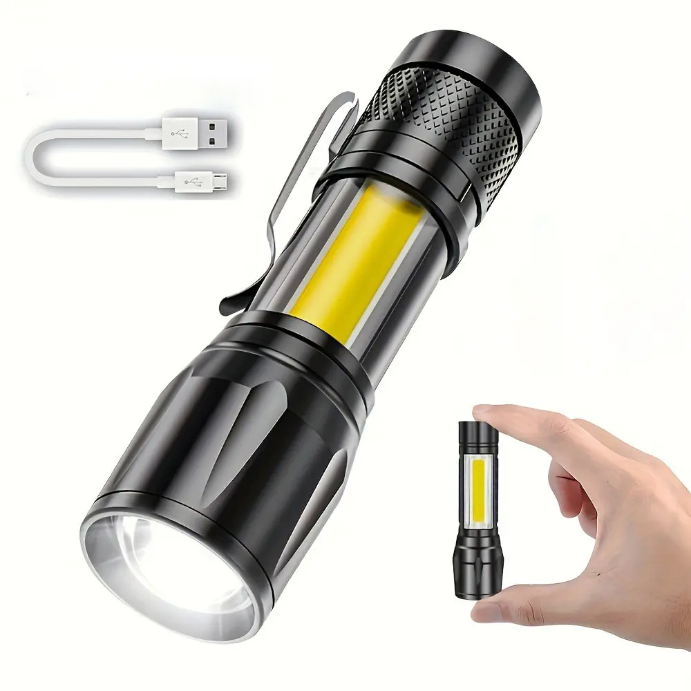 Bright mini LED flashlight, rechargeable, portable with XPE beads, COB side light, multiple lighting modes, retractable zoom, suitable for adventure, outdoor, High Lumens Flashlight, High Lumen Flashlights
