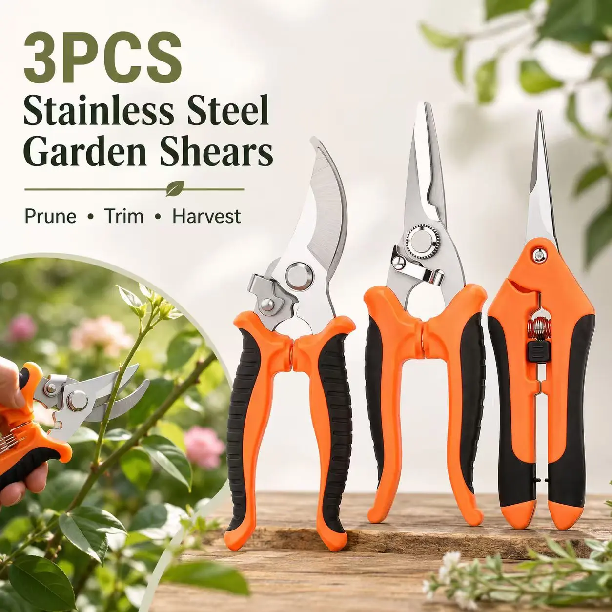 3PCS Stainless Steel Garden Pruning Shears Set - Spring-Loaded Trimming Scissors with Non-Slip Handles, Secure Grip for Flowers, Herbs, Small Branches