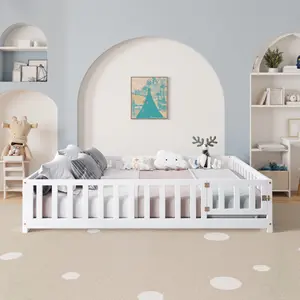 White Full Size Montessori Floor Bed with Fence and Door, Kids Platform Bed Frame with Support Slats for Toddlers, High Quality Pine and Plywood Construction Safe Playful Design, Low Profile Bed for Child Room Decor and Easy Assembly