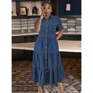Denim Shirt Midi Dress with Tiered Skirt - Classic Button-Front Dress for Office & Casual Styles