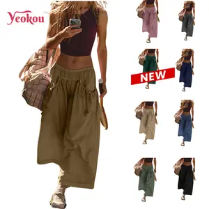 Yeokou Women's Loose Wide Leg Track Pants Boho Sport Style Drawstring Pockets Elastic Waist Capri Hiking Parachute Pants Womenswear Casual