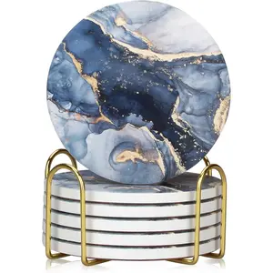 Set of 6 Round Ceramic Coasters with Holder, Navy Blue Marble Abstract Absorbent Drink Coasters, Coffee Table Decor House Warming Gifts for New Home