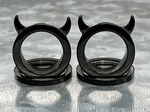 PAIR of Unique Devil Horns Black PVD Steel Screw Fit Tunnels Plugs - Gauges 2g (6mm) thru 5/8" (16mm)