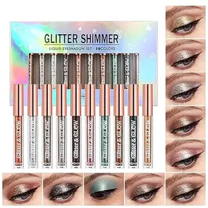 BestLand 10 Colors Liquid Glitter Eyeshadow Set, Metallic Glitter Shimmer Naked Smokey Eye Looks Waterproof Long Lasting Quick-Drying Sparkling Eye Shadow Christmas Makeup Kits Contour Daily Gift Gloss Gift Gloss Glossy Cosmetic