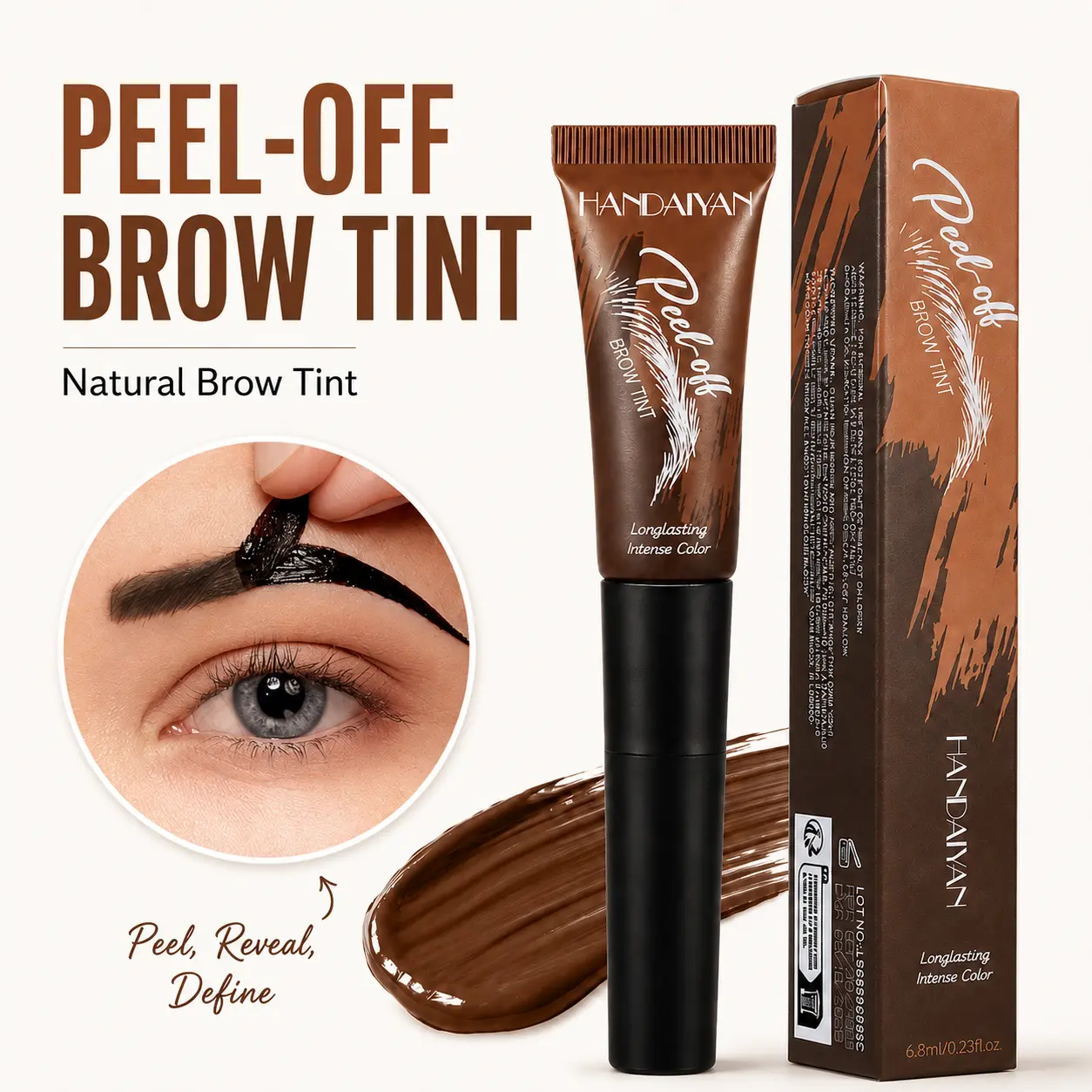 HANDAIYAN Waterproof Peel-Off Brow Tint, Long Lasting Intense Color Eyebrow Dye Tint, Smudge Proof Fade Resistant Easy Peel-Off Brow Makeup, Mess-Free Natural-Looking Brow Shaper Definer,Eyebrow Gel,Eyebrow Pencil,Eyebrow Powder