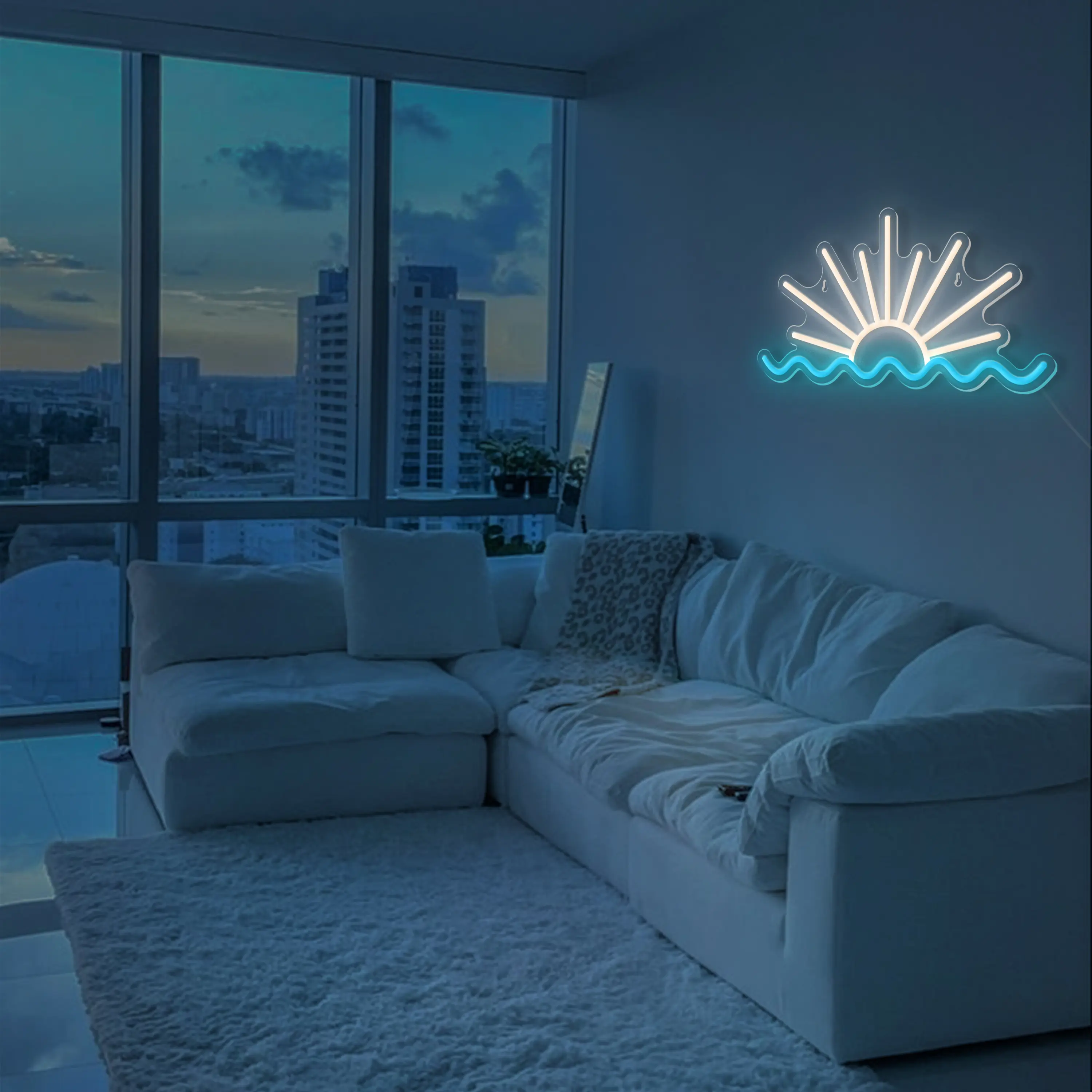 Dimmable LED Ocean Sun Sunrise Sunset Neon Sign - Modern Acrylic Backboard Light, 14.96x8.07 inches, Wall Mount Pre-Drilled Easy-Install Novelty Lighting for Bedroom, Interior Decoration, Wedding Decor