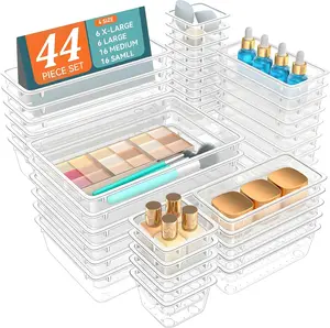 44 PCS Clear Drawer Organizer Trays – Multi-Size Plastic Storage Bins for Makeup, Utensils, Jewelry, Crafts & Office – Stackable, Unbreakable Drawer Dividers for Bathroom, Vanity, Kitchen, Desk, Bedroom –  clear drawer bins trending organizer trays 1.1