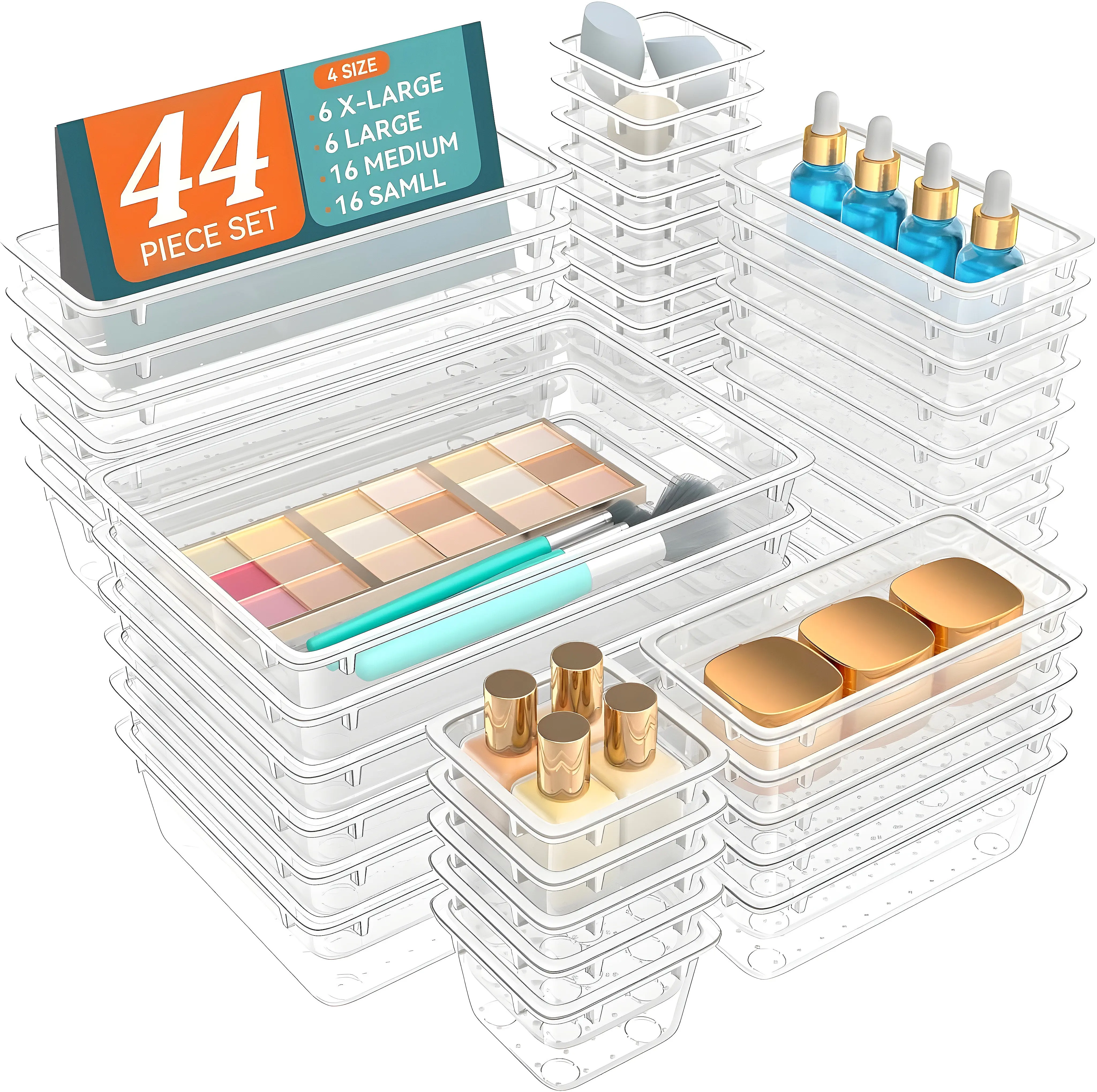 44 PCS Clear Drawer Organizer Trays – Multi-Size Plastic Storage Bins for Makeup, Utensils, Jewelry, Crafts & Office – Stackable, Unbreakable Drawer Dividers for Bathroom, Vanity, Kitchen, Desk, Bedroom –  clear drawer bins trending organizer trays 1.1