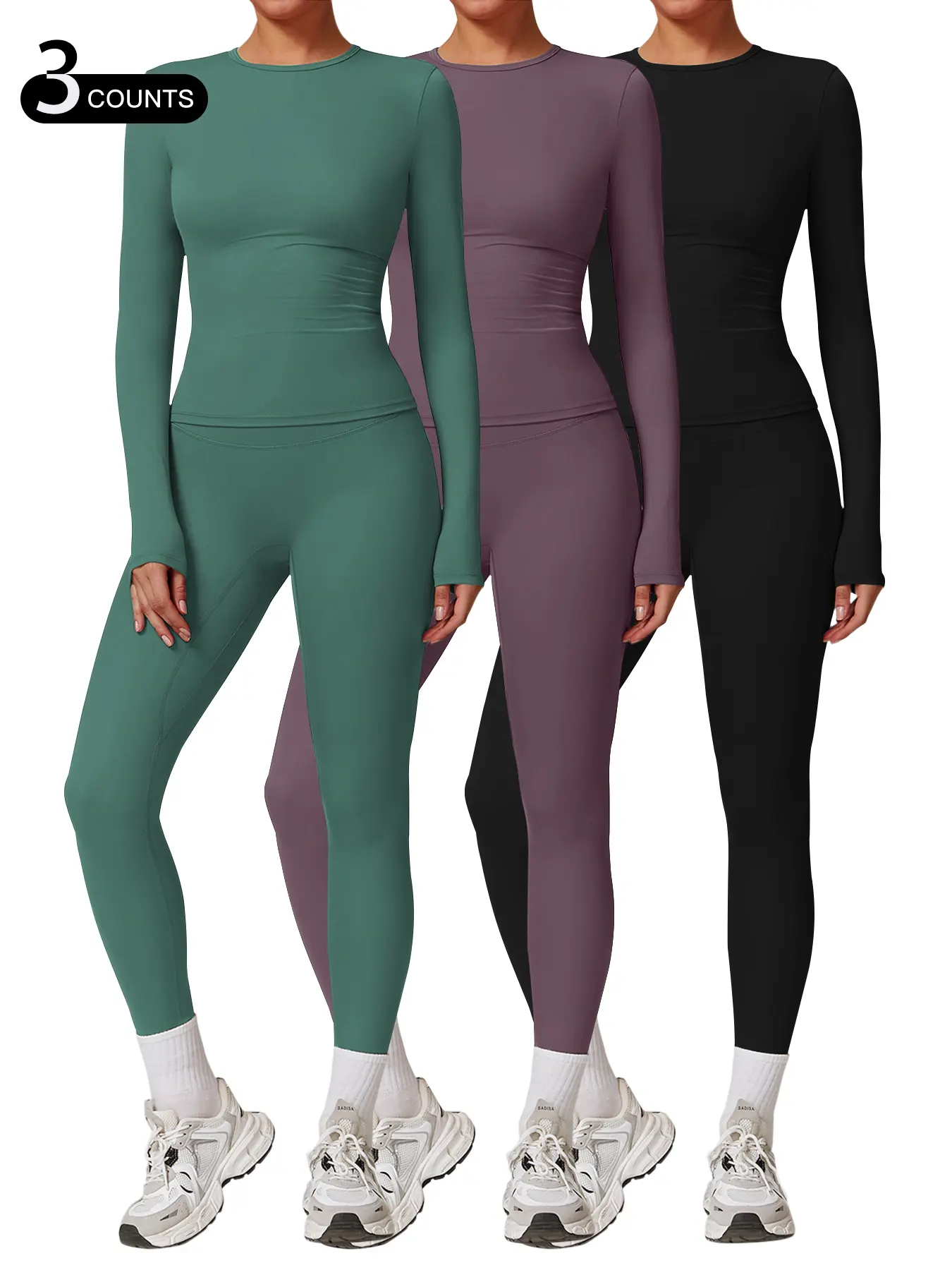 Kabuer Women's 2-Piece Solid Color Yoga Sweatsuit Matching Set - Long Sleeve Top, High Waisted Above-Ankle Tights, All-Seasons Activewear Clothing for Winter Gym Running, Two Piece Set