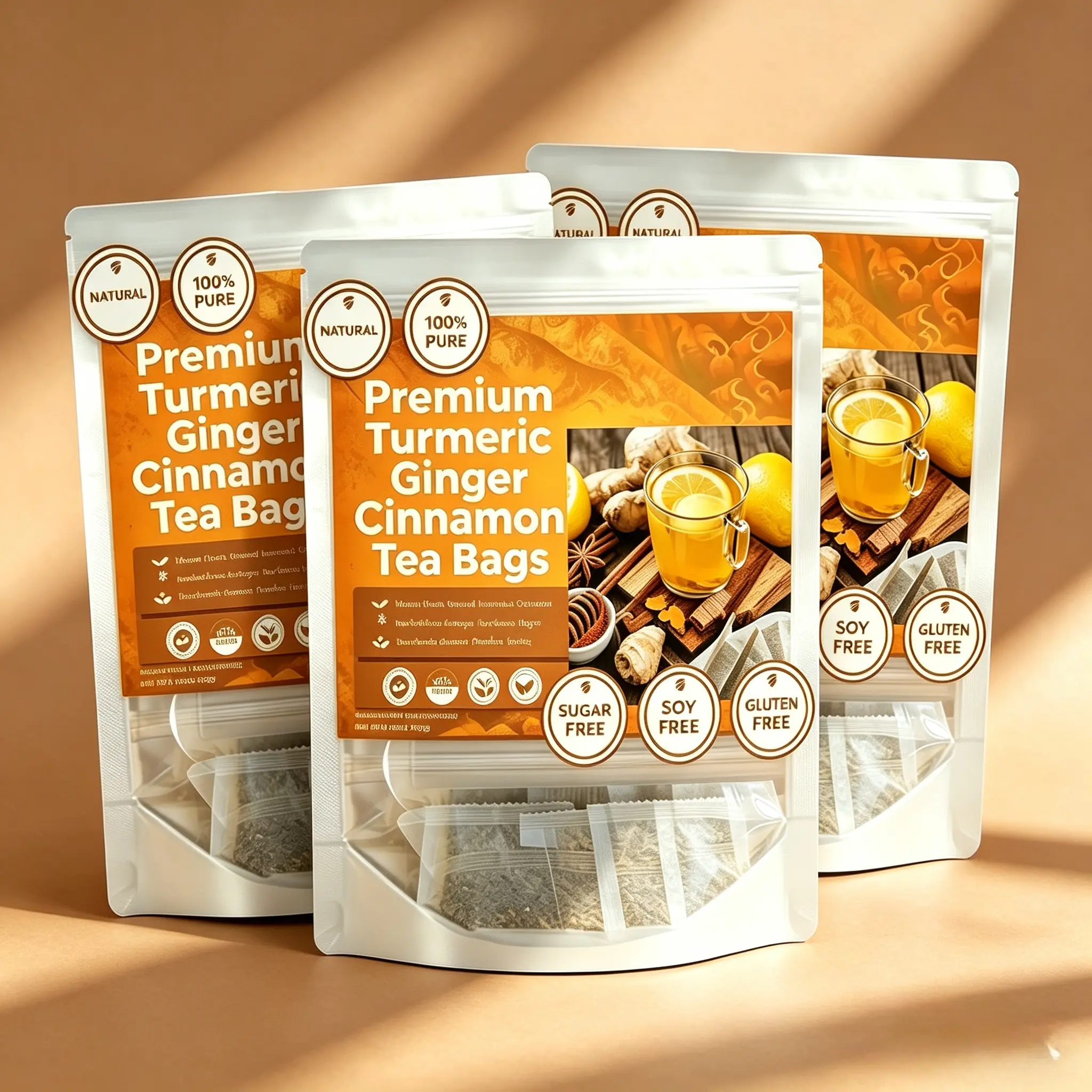 Turmeric Ginger Cinnamon Tea Bags 60x3 Herbal Wellness Tea for Daily Detox & Immune Support Sugar Free Vegan Blend Natural Beverage