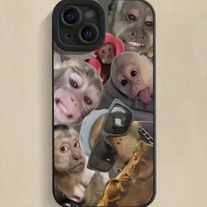 Creative Monkey Pattern Phone Case, Cute Phone Case, Decorative Phone Protector Cover, Phone Accessories for iPhone 11 12 13 14 15 17 Series Black Protection