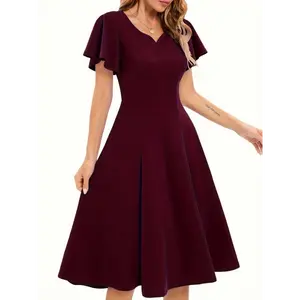 Women's Lady Clothes Chic Polyester A-Line Dress - Heart Neckline, Ruffled Short Sleeve, Knee-Length, Solid Color, Regular Fit, Textured Fabric, Elegant Silhouette, Machine Washable, All-Season Versatile (Casual, Formal Wear)