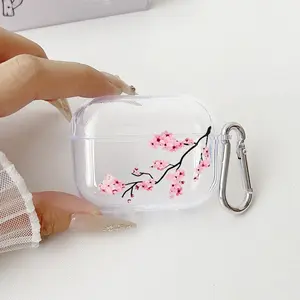 Blossoming Cherry Branch Pattern TPU Soft Protective Case for Apple AirPods 4/3/2/1/Pro/Pro2 Transparent Earphone Cover with Keychain Attachment