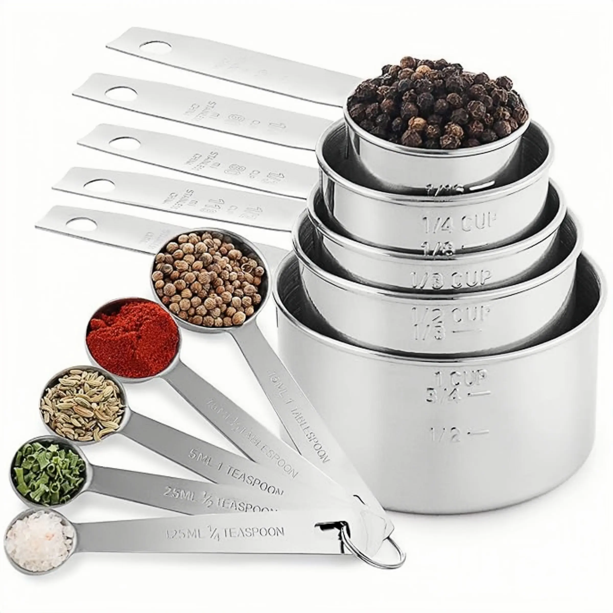 Stackable Stainless Steel Measuring Cups and Spoons Set, 10 Pieces, Kitchen Measuring Utensils, Dry Goods and Liquid Measurement, Kitchen Tools for Cooking and Baking, Kitchenware