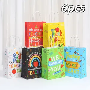 6 Colorful Kraft Paper Back-To-School Teachers Gift Bags, Six Colors, Handle Included, Pencil, Ruler, Apple, Bus Design, 8.2x5.9x3.1 Inches, Party Decorations, Party Gift Packs, Gift For Friends