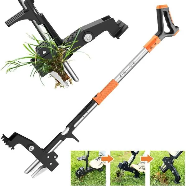 Stand Up Weed Puller Tool with Long Handle, 3-Claw Steel Weed Remover, Manual Weed Puller for Lawn & Garden, Heavy Duty Root Weeder, Detachable Weed Removal Tool, No Bending or Kneeling