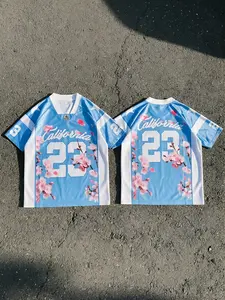 "Men's Light Blue California 23 Cherry Blossom Graphic Football Jersey | Y2K Streetwear Oversized V-Neck Sports Tee with Floral Print for Daily Street Style"