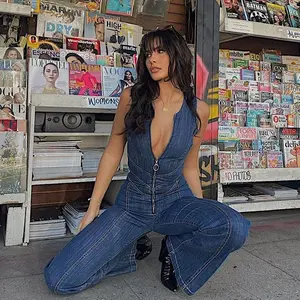 2025SummerNewSlimandThinFashionHalterRetroStyleHighWaistDenimJumpsuit