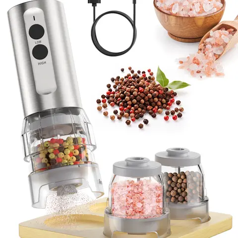 ODIFORGO Electric Salt and Pepper Grinder Set (2026 New Upgrade) - USB Rechargeable (with USB Cable), 3-Bin Large Capacity Quick-Switch Silos, Adjustable Coarseness, Low-Profile Stainless Steel Kitchen & BBQ Grill Gadget with LED Light (Bamboo Accents), B
