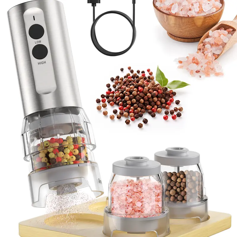 ODIFORGO Electric Salt and Pepper Grinder Set (2026 New Upgrade) - USB Rechargeable (with USB Cable), 3-Bin Large Capacity Quick-Switch Silos, Adjustable Coarseness, Low-Profile Stainless Steel Kitchen & BBQ Grill Gadget with LED Light (Bamboo Accents), B
